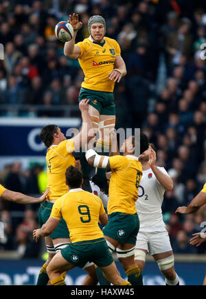 Australiens David Pocock gewinnt einen Lineout während des Spiels Herbst International im Twickenham Stadium, London. Stockfoto