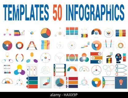 50 Vorlagen Vektor für Infografiken, Kreisdiagramm, Ring-Diagramm, Flächendiagramm, Timeline, Diagramm mit Textbereichen für drei Positionen. Stock Vektor