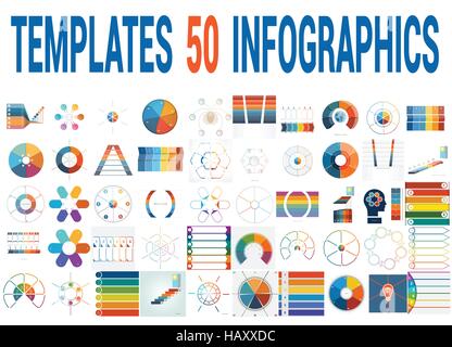 50 Vorlagen Vektor für Infografiken, Kreisdiagramm, Ring-Diagramm, Flächendiagramm, Timeline, Diagramm mit Textbereichen für sechs Positionen. Stock Vektor