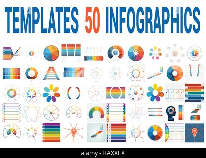 50 Vorlagen Vektor für Infografiken, Kreisdiagramm, Ring-Diagramm, Flächendiagramm, Timeline, Diagramm mit Textbereichen für sieben Positionen. Stock Vektor