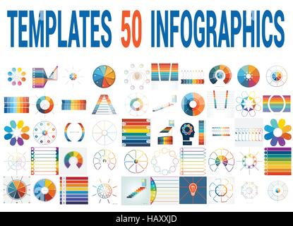 50 Vorlagen Vektor für Infografiken, Kreisdiagramm, Ring-Diagramm, Flächendiagramm, Timeline, Diagramm mit Textbereichen für acht Positionen. Stock Vektor