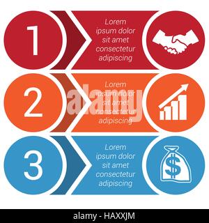 Kreise, horizontale bunte Pfeile und Streifen, Bars Infochart Areachart Präsentation oder Vorlagen für 3 Positionen Infografiken Stock Vektor