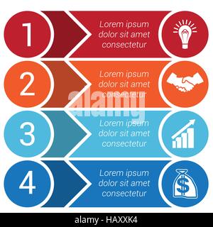 Kreise, horizontale bunte Pfeile und Streifen, Bars Infochart Areachart Präsentation oder Vorlagen für 4 Positionen Infografiken Stock Vektor