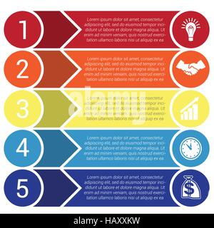 Kreise, horizontale bunte Pfeile und Streifen, Bars Infochart Areachart Präsentation oder Vorlagen für 5 Positionen Infografiken Stock Vektor