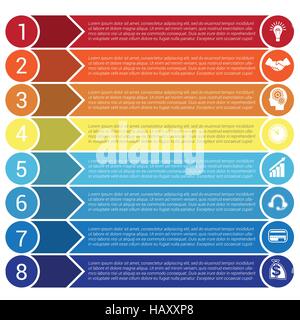 Kreise, horizontale bunte Pfeile und Streifen, Bars Infochart Areachart Präsentation oder Vorlagen für 8 Positionen Infografiken Stock Vektor