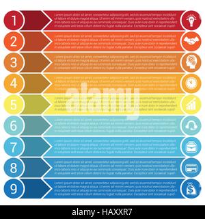 Kreise, horizontale bunte Pfeile und Streifen, Bars Infochart Areachart Präsentation oder Vorlagen für 9 Positionen Infografiken Stock Vektor