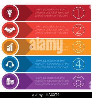 Vorlagen-Infografiken von Pfeilen der Kreise und Streifen Geschäftskonzept für fünf Positionen. Stock Vektor