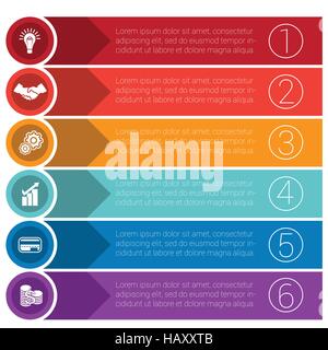 Vorlagen-Infografiken von Pfeilen der Kreise und Streifen Geschäftskonzept für sechs Positionen. Stock Vektor