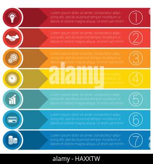 Vorlagen-Infografiken von Pfeilen der Kreise und Streifen Geschäftskonzept für sieben Positionen. Stock Vektor