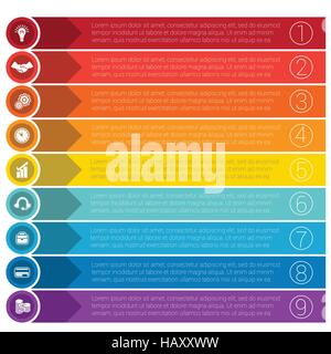 Vorlagen-Infografiken von Pfeilen der Kreise und Streifen Geschäftskonzept für neun Positionen. Stock Vektor