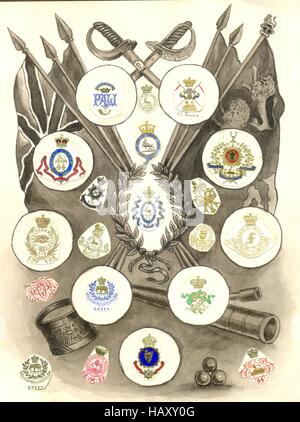 Von Hand bemalt Seite aus Schrott Album zeigt Militär Wappen. Stockfoto