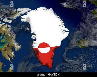 Flagge von Grönland auf der Oberfläche des Planeten aus dem Weltraum. 3D Illustration mit detailreichen, realistischen Planetenoberfläche und Wolken in der Atmosphäre. O Elemente Stockfoto