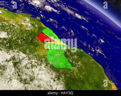 Flagge von Guyana auf der Oberfläche des Planeten aus dem Weltraum. 3D Illustration mit detailreichen, realistischen Planetenoberfläche und Wolken in der Atmosphäre. Elemente des t Stockfoto