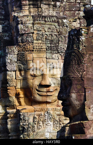 Stein-Gesicht in den Ruinen des Khmer-Tempel Bayon, Angkor Thom, Siem Reap, Kambodscha Stockfoto