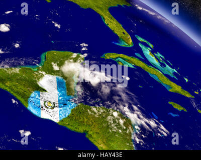 Flagge von Guatemala auf der Oberfläche des Planeten aus dem Weltraum. 3D Illustration mit detailreichen, realistischen Planetenoberfläche und Wolken in der Atmosphäre. O Elemente Stockfoto