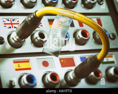 Translator. Sprache auswählen. Lernen, übersetzen Sie Sprachen Konzept. Audio input Output-Control-Panel mit Fahnen und Stecker. 3D illustration Stockfoto