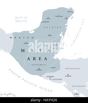 Maya politische Landkarte. Mittelamerikanische Zivilisation und Hochkultur des präkolumbianischen Amerika. Stockfoto