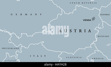 Österreich politische Karte mit Hauptstadt Wien, nationale Grenzen und Nachbarländern. Bundesrepublik Deutschland im Herzen Europas. Stockfoto