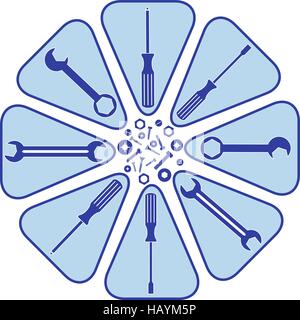 Schönes Bild von einem farbigen Schema mit verschiedenen Werkzeugen auf weißem Hintergrund Stock Vektor