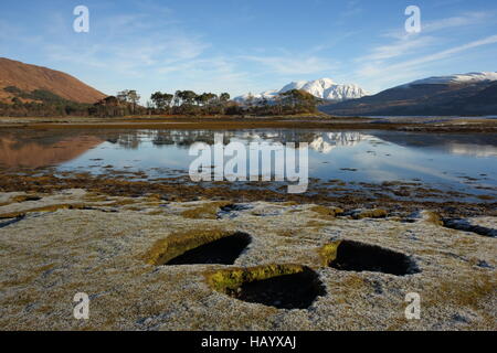 Ben Nevis reflektiert in Loch Linnhe in der Inverscaddle Bay in Lochaber. Stockfoto