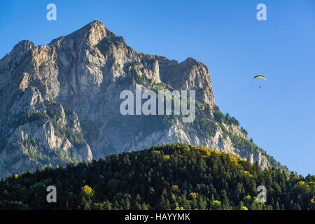 Paragliding am Grand Morgon (Pic de Morgon) im Sommer. Serre Ponçon See, Savines-le-Lac, Hautes Alpes, Frankreich Stockfoto