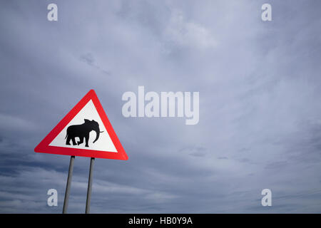 Verkehr Gefahr Elephant Crossing Straßenschild in Namibia, Afrika. Stockfoto