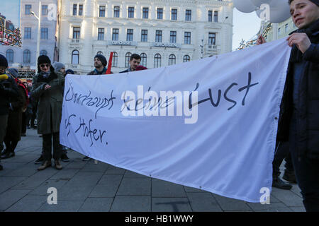 Wien, Österreich. 3. Dezember 2016. Demonstranten halten eine Fahne, die "Keine Lust auf Hofer überhaupt" liest. Rund hundert Demonstranten marschierten durch Wien einen Tag vor den österreichischen Präsidentschaftswahlen, protestieren gegen den rechtsextremen Kandidaten für die Wahl, Norbert Hofer. Stockfoto