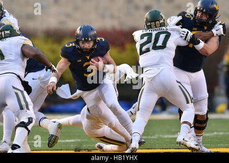 Morgantown, West Virginia, USA. 3. Dezember 2016. West Virginia Mountaineers Quarterback SKYLER HOWARD #3 läuft mit dem Ball als West Virginia Mountaineers beleidigender Störungssucher TONY MATTEO #70 Blöcke während eines Spiels in Mountaineer Field in Morgantown, WV gespielt. WVU schlagen Baylor 24-21. © Ken Inness/ZUMA Draht/Alamy Live-Nachrichten Stockfoto