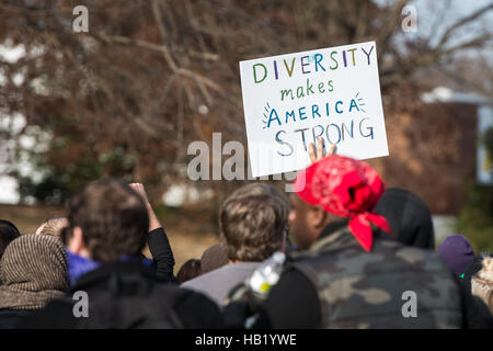 Diverse Demonstranten auf die Straße gegangen, um gegen die geplante KKK Trump Siegesparade in VA und NC-Protest. Stockfoto