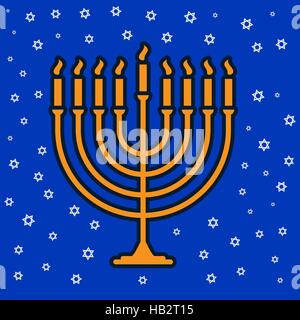 Happy Chanukka jüdische traditionelle neun Kerze Leuchter Urlaub Symbol auf blauem Hintergrund mit Davidstern. Vektor-Illustration. Stock Vektor