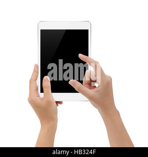 Hand mit digital-Tablette auf weißem Hintergrund, Mock-up Tablet leerer Bildschirm Stockfoto