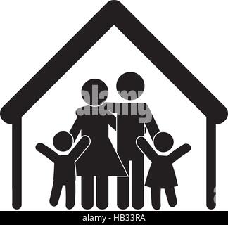 Haus-Form mit der Familie der Eltern und Kinder-Symbol auf weißem Hintergrund. Piktogramm-Design. Vektor-illustration Stock Vektor