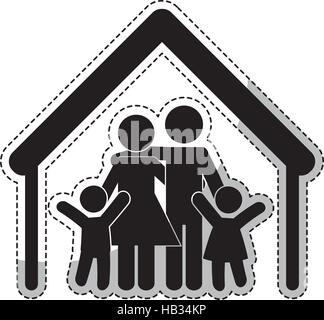 Aufkleber des Hauses mit der Familie der Eltern und Kinder auf weißem Hintergrund. Vektor-illustration Stock Vektor