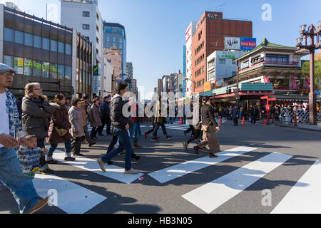 TOKYO, JAPAN - 1. Januar: Große Gruppe von japanischen Passanten auf der Straße in den Asakusa-Tempel für den Neujahrstag. Japan-2013 Stockfoto