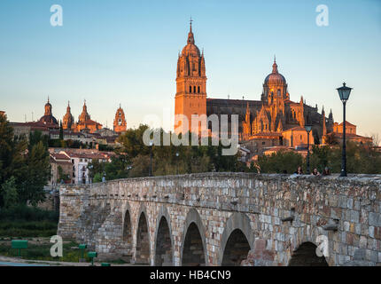 Kathedrale von Salamanca gesehen aus über den Fluss Tormes und Puente Romano, Salamanca, Spanien. Stockfoto