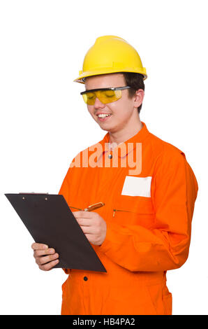 Mann in orange Overalls isoliert auf weiss Stockfoto