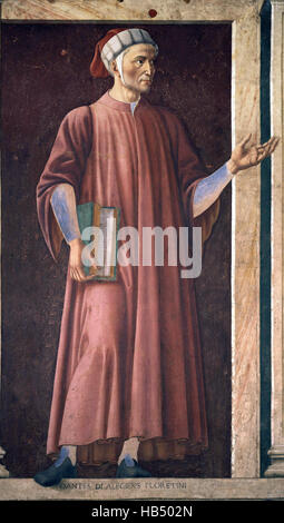 Dante Alighieri gesehen hier in ein Wandbild von Dante in der Galerie der Uffizien, von Andrea del Castagno, ca. 1450 - Italien.  Durante Degli Alighieri, Dante einfach genannt [c. 1265-1321), war eine bedeutende italienische Dichter des Spätmittelalters. Seine göttliche Komödie, ursprünglich genannt Comedia (modernes italienisches: Commedia) und später getauft Divina von Boccaccio. Stockfoto