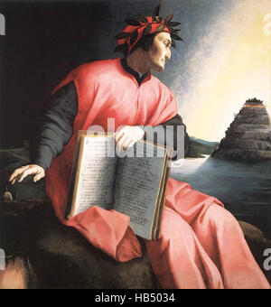 Alegorical Porträt des Dante Alighieri von Agnolo Bronzino, c. 1530. Das Buch hält er ist eine Kopie der Göttlichen Komödie, offen für Canto XXV des Paradiso. Durante Degli Alighieri, Dante einfach genannt [c. 1265-1321), war eine bedeutende italienische Dichter des Spätmittelalters. Seine göttliche Komödie, ursprünglich genannt Comedia (modernes italienisches: Commedia) und später getauft Divina von Boccaccio. Stockfoto