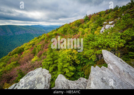 Anfang Herbst Blick auf die Blue Ridge Mountains von Hawksbill Berg, auf dem Rand des Linville Gorge, im Pisgah National Forest, North Carolina. Stockfoto