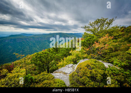 Blick auf die Blue Ridge Mountains von Hawksbill Berg, auf dem Rand des Linville Gorge, im Pisgah National Forest, North Carolina. Stockfoto