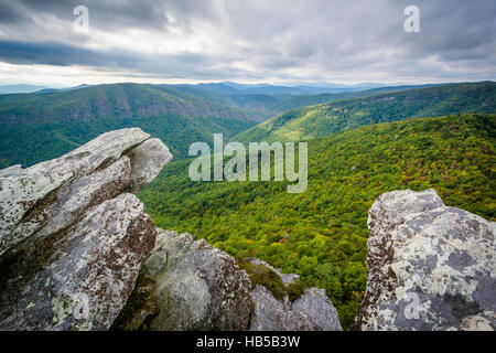 Blick auf die Schlucht Linville von Hawksbill Berg, im Pisgah National Forest, North Carolina. Stockfoto