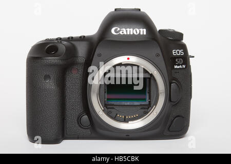 Canon 5D Mark IV. 30 Mpx Kamera auf weißem Hintergrund Stockfoto