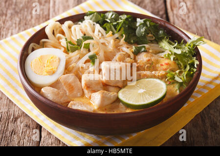 Malaysische Laksa Suppe mit Huhn hautnah in einer Schüssel auf dem Tisch. horizontale Stockfoto