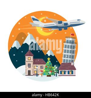 Reisen Sie nach Italien. Frohe Weihnachten runden Banner im flachen Stil. In der Zeit des Urlaubs reisen mit dem Flugzeug. Stock Vektor