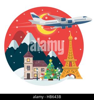 In der Zeit des Urlaubs reisen mit dem Flugzeug. Reisen Sie nach Frankreich. Frohe Weihnachten runden Banner im flachen Stil. Stock Vektor