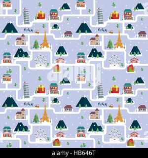 Weihnachten Musterdesign mit Santa und festliche Stadt. Vektor Musterdesign. Stock Vektor