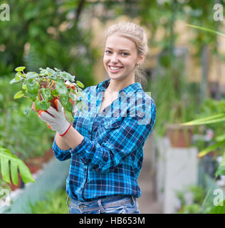 junge Frau im Gewächshaus Stockfoto