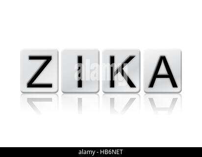 Das Wort "Zika" geschrieben in Fliese Buchstaben auf einem weißen Hintergrund isoliert. Stockfoto