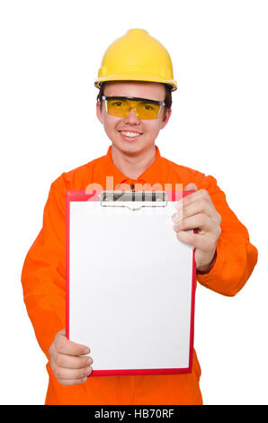 Mann in orange Overalls isoliert auf weiss Stockfoto