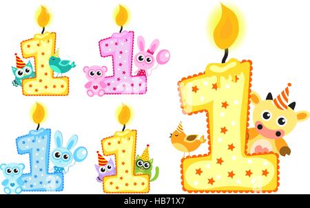 Stellen Sie glücklich ersten Geburtstag Kerze und Tiere isoliert auf weißem Hintergrund. Vektor-illustration Stock Vektor